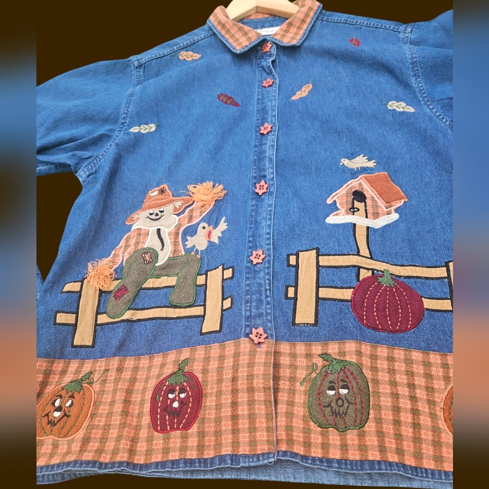 DRESS BARN | Scarecrow Pumpkins Fall Harvest Denim Button Up Shirt Sz XL - Picture 10 of 14
